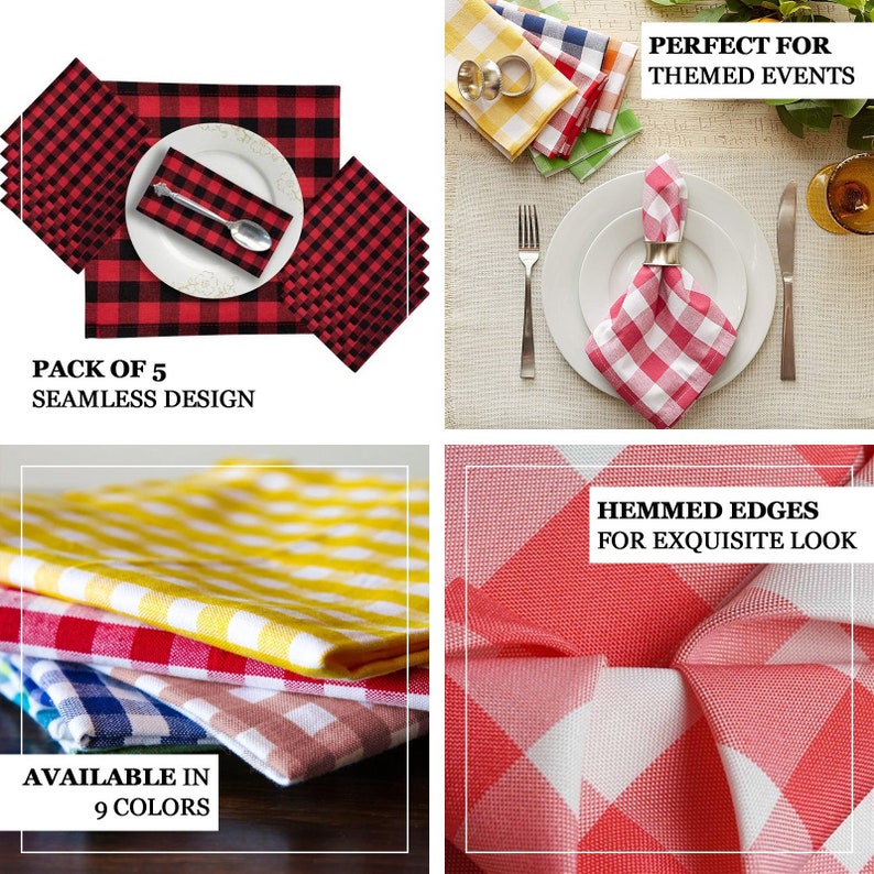 Buffalo Plaid Napkins | 5 Pack | 15x15inch | Red/White | Checkered Gingham Polyester Napkin, Linen Napkins