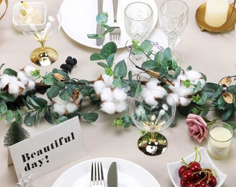 5FT Green  Artificial Eucalyptus Leaves Garland, Eucalyptus Garland Artificial Flower, , Faux Eucalyptus With White Natural Cotton Balls