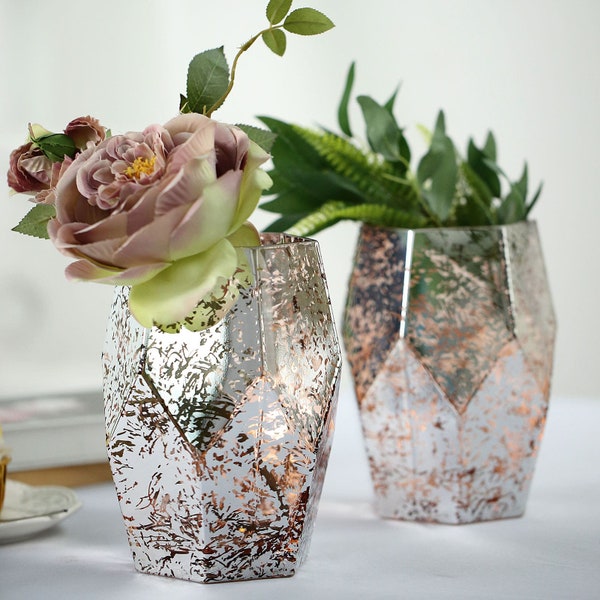 8" Mercury Glass Vase, Flower Vase, Pentagon Glass Vase, Geometric Glass Vase for Wedding Centerpiece, Modern - Set of 2 | Silver/Rose Gold