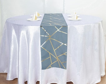 9 FT Dusty Blue Table Runner With Gold Foil Patterns, Geometric Table Runners,  Colorful Linens, Wedding Table