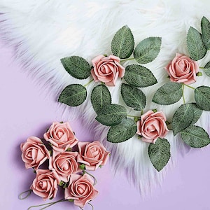 24 Roses | 2&quot; Dusty Rose Artificial Foam Rose For Craft With Stem And Leaves, Artificial Flower Leaves Decoration