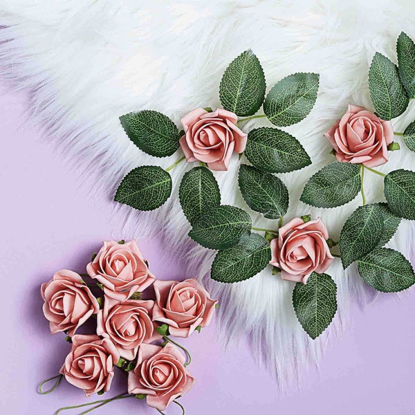 24 Roses | 2" Dusty Rose Artificial Foam Rose For Craft With Stem And Leaves, Artificial Flower Leaves Decoration