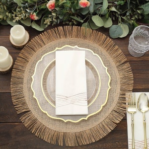 4 Pack | 16" Natural Jute Boho Chic Fringe Edge Table Placemats, Rustic Farmhouse Burlap Tassel Dining Table Mats