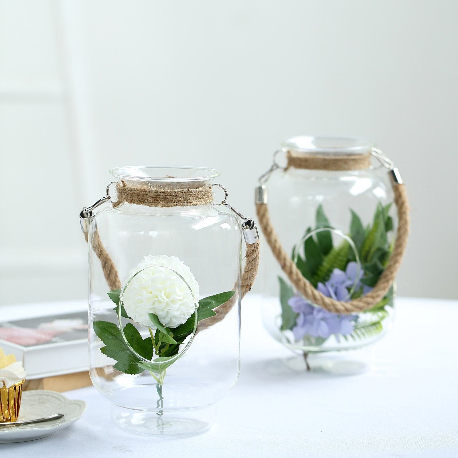 Glass Martha Jar with Rope Clear or Green 8x16cm Flower Vase Candle Holder 