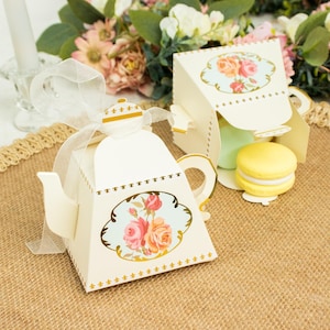 25 Pack | 4&quot; Ivory Mini Teapot Wedding Favor Boxes, Tea Time Gift Boxes With Ribbon & Glue Dots, Candy Boxes, Tea Party Supplies Decor