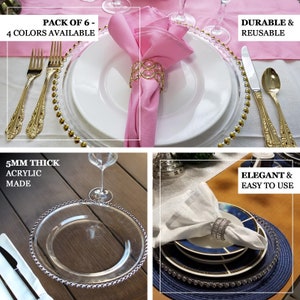 Set of 6 12 Clear Acrylic Charger Plates with Rose Gold Beaded Rim, Plate Chargers, Round Charger Plates, Dining & Serving, Reception image 5