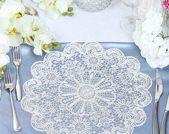 15" Floral Placemat, Dining Table Placemats, Round Table Mats, Wedding Placemats, Vinyl Lace Doilies, Plastic Placemats - 6 Pack | White