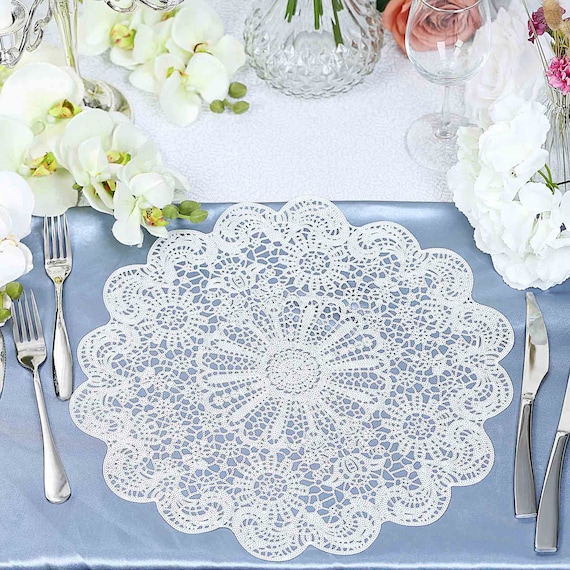 15" Floral Placemat, Dining Table Placemats, Round Table Mats, Wedding Placemats, Vinyl Lace Doilies, Plastic Placemats - 6 Pack | White