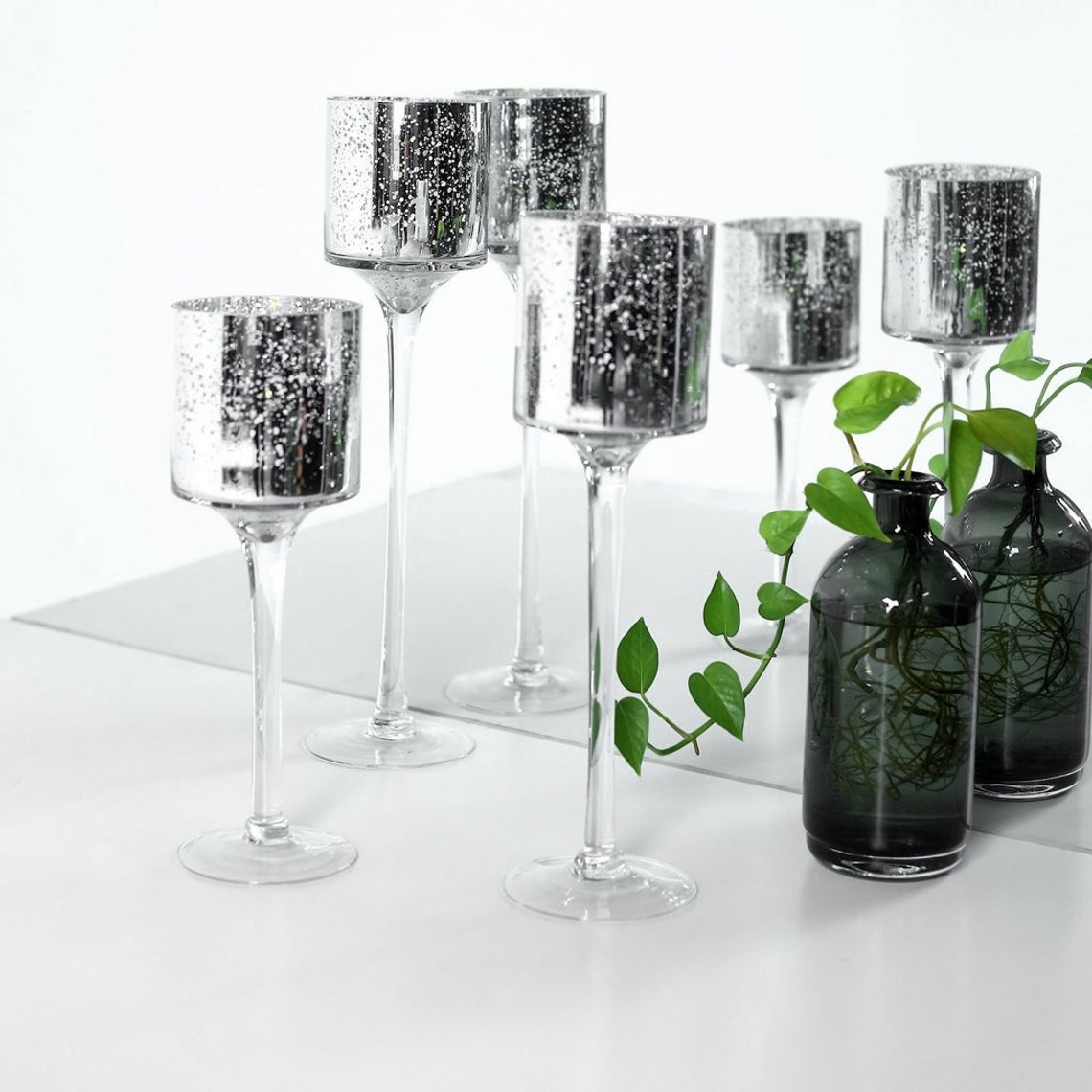 Long Stem Mercury Glass Candle Holder Tall Cylinder Vases For Etsy