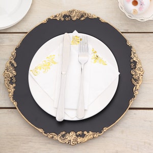 Set of 6 | 13" Matte Black Baroque Acrylic Charger Plates with Leaf Embossed Antique Gold Rim, Plate Chargers, Round Charger Plates