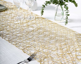 16" x 72" Wire Nest Table Runner, Metallic String Woven Runner, Table Runners for Wedding, Table Decorations - Gold