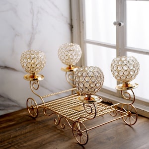 18&quot; Cinderella Carriage Crystal Candle Holder, Fairy Tale Carriage, Crystal Beaded Candle Holder Centerpieces - Metallic Gold