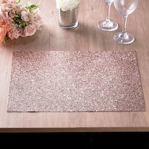 6 Pack | Rose Gold Sparkle Placemat Non Slip Decorative Table Placemat, Rectangle With Blush Glitter Sparkles