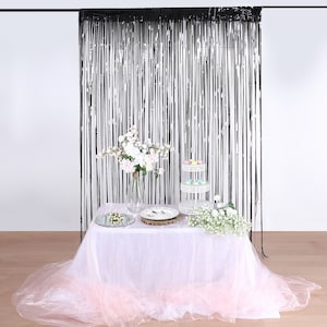 8FT Metallic Tinsel Foil Fringe Curtain, Party Photo Booth Backdrop Wedding Décor Baby Shower - Black