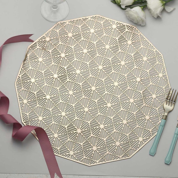 15" Woven Placemats, Dining Table Placemats, Woven Plate Chargers, Wedding Placemats, Vinyl Lace Doilies, Plastic Placemats - 6 Pack | Gold