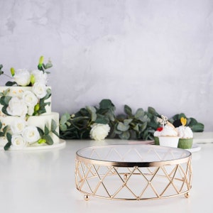 14 Round Gold Metal Geometric Cake Stand Display Riser with Glass Top, Cupcake Stand Holder, Wedding Cake Stand, Metal Cake Stand image 9