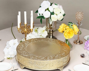 22" Embossed Round Cake Plateau, Gold Cake Stand, Metal Cake Stand, Cake Riser, Food Display, Wedding Cake Stand, Cake Display Stand