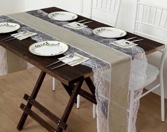 16"x108" Taupe Faux Burlap & Trim Lace Table Runner, Country, Barn, Shabby Chic Wedding Reception Farmhouse Table Runner