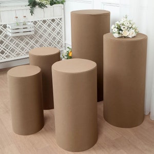 Set of 5 | Taupe Spandex Cylinder Covers, Plinth Display Box Stand Stretchable Pedestal Pillar Prop Covers, Wedding Backdrop Covers 160 GSM