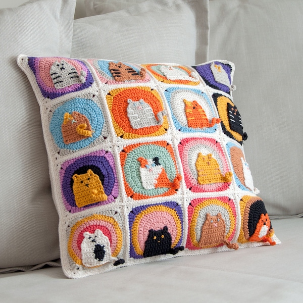 Taie d'oreiller à motif chat, taie d'oreiller chats, housse de coussin carrée chats, coussin patchwork chats, décoration d'intérieur chaton, cadeau pour les amoureux des chats