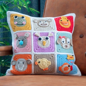 Granny Square Colorful Pillow Case, Animal Figured Cushion Cover, Granny Square Pillowcase, Nursery Pillow Cover, Kids Room Pillow Case image 3