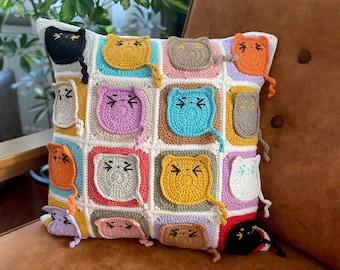 Cat Figured Pillow Case, Crochet cats pillow case, , Cat Cushion Cover, Colorful Cats Granny Square Pillow case, Gift for Cat Lovers