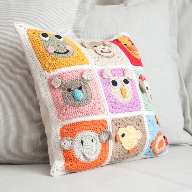 Granny Square Colorful Pillow Case, Animal Figured Cushion Cover, Granny Square Pillowcase, Nursery Pillow Cover, Kids Room Pillow Case image 4