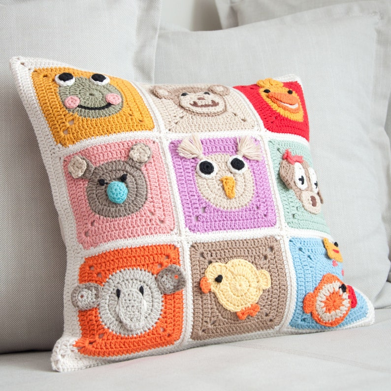 Granny Square Colorful Pillow Case, Animal Figured Cushion Cover, Granny Square Pillowcase, Nursery Pillow Cover, Kids Room Pillow Case image 2