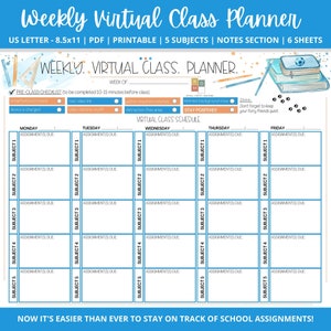 Puede incluir: Un planificador de clases virtuales semanal imprimible con un esquema de color azul y blanco. El planificador incluye una lista de verificación previa a la clase, un horario de clases virtuales y una sección de notas. El planificador está diseñado para 5 asignaturas e incluye una sección para las tareas que se deben entregar cada día de la semana.