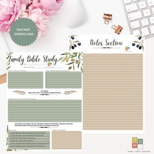 Puede incluir: Hoja de trabajo de estudio bíblico familiar imprimible con un esquema de color verde y marrón. La hoja de trabajo incluye secciones para pasajes bíblicos, asignaciones de lectura de miembros de la familia, observaciones, preguntas de reflexión, versículos para memorizar y una sección de notas.