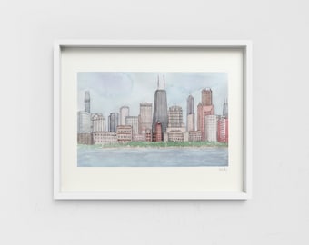 Chicago Wall Art, Chicago Skyline Print, Chicago Watercolor Print *FREE US SHIPPING*