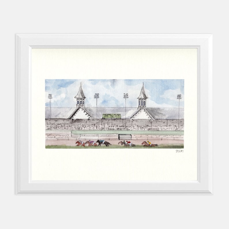 May include: A watercolor painting of a horse race at a racetrack. The painting depicts a group of horses running on a dirt track with jockeys riding them. The racetrack is surrounded by a large crowd of people. The painting is done in a realistic style with a focus on the horses and the action of the race.