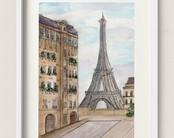 Paris Watercolor Art Print, Paris France Art *Free US Shipping*