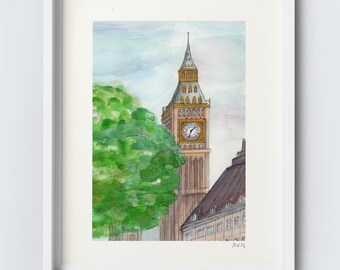 London Art, Big Ben Art Print, Cityscape Wall Decor, Urban Home Decor, London Art Watercolor Painting