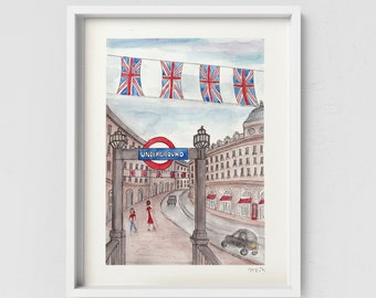 Descarga digital de una lámina de acuarela de Londres, arte de Regent Street en Londres.