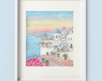 Santorini Sunset Watercolor Art Print, Greek Isles Wall Decor