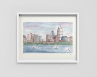 Boston Skyline Watercolor Art Print, Cityscape Wall Decor