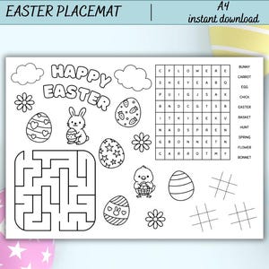 印刷可能なイースター プレースマット：迷路や単語検索機能付き子供向けアクティビティシート（A4 デジタルダウンロード）