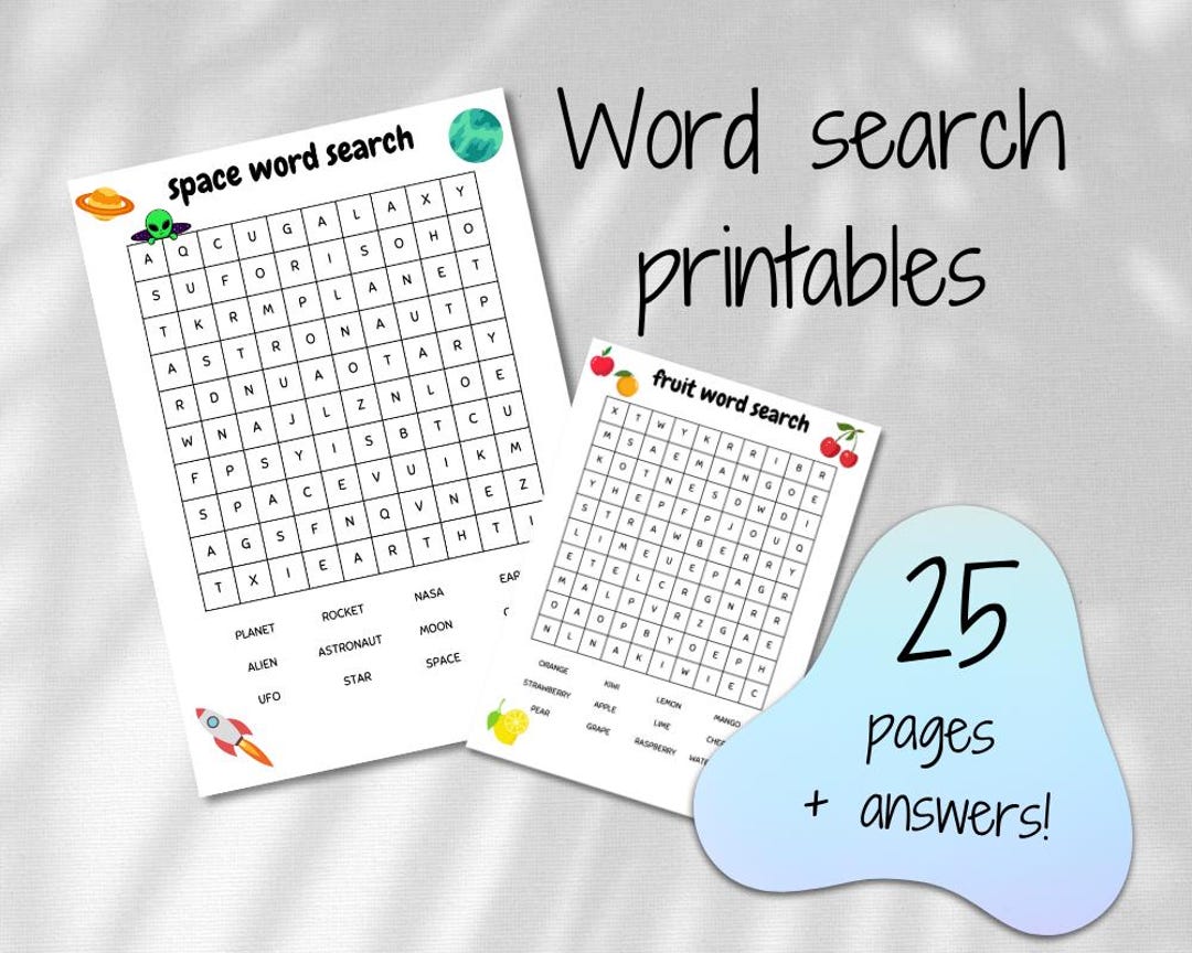 25 Printable Word Search Pages for Kids, Instant Digital Download, Word ...