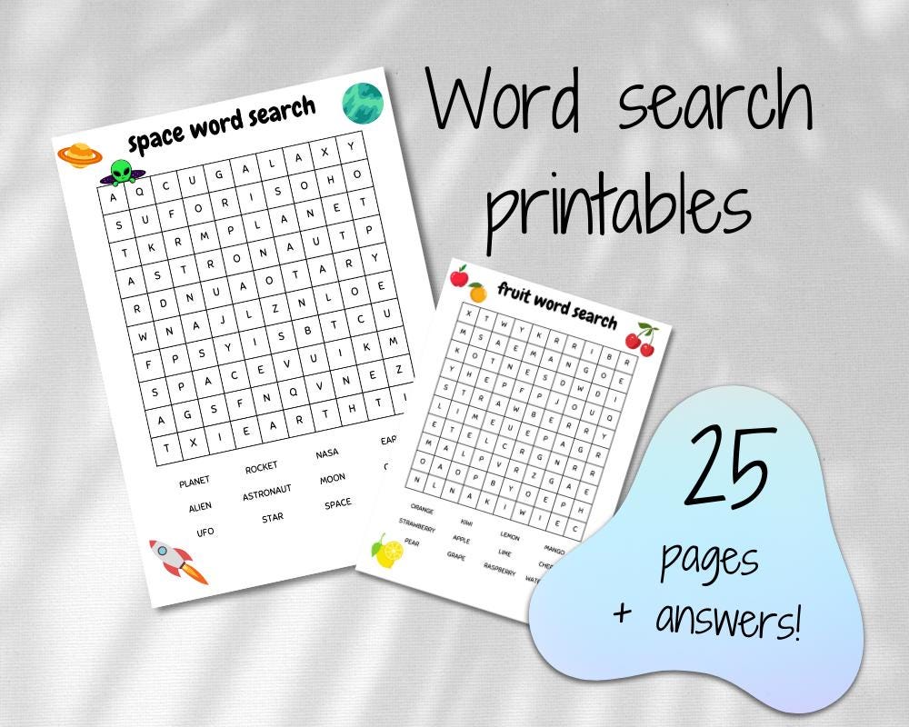 25 Printable Word Search Pages for Kids, Instant Digital Download, Word ...