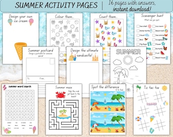 Summer Activity Book for Kids: 16 Printable Games & Coloring Pages (A4 Digital Download PDF)