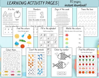 Preschool Worksheets Printable | 80 Page Learning Binder | Alphabet, Numbers, Shapes & Colours Activities for Kids