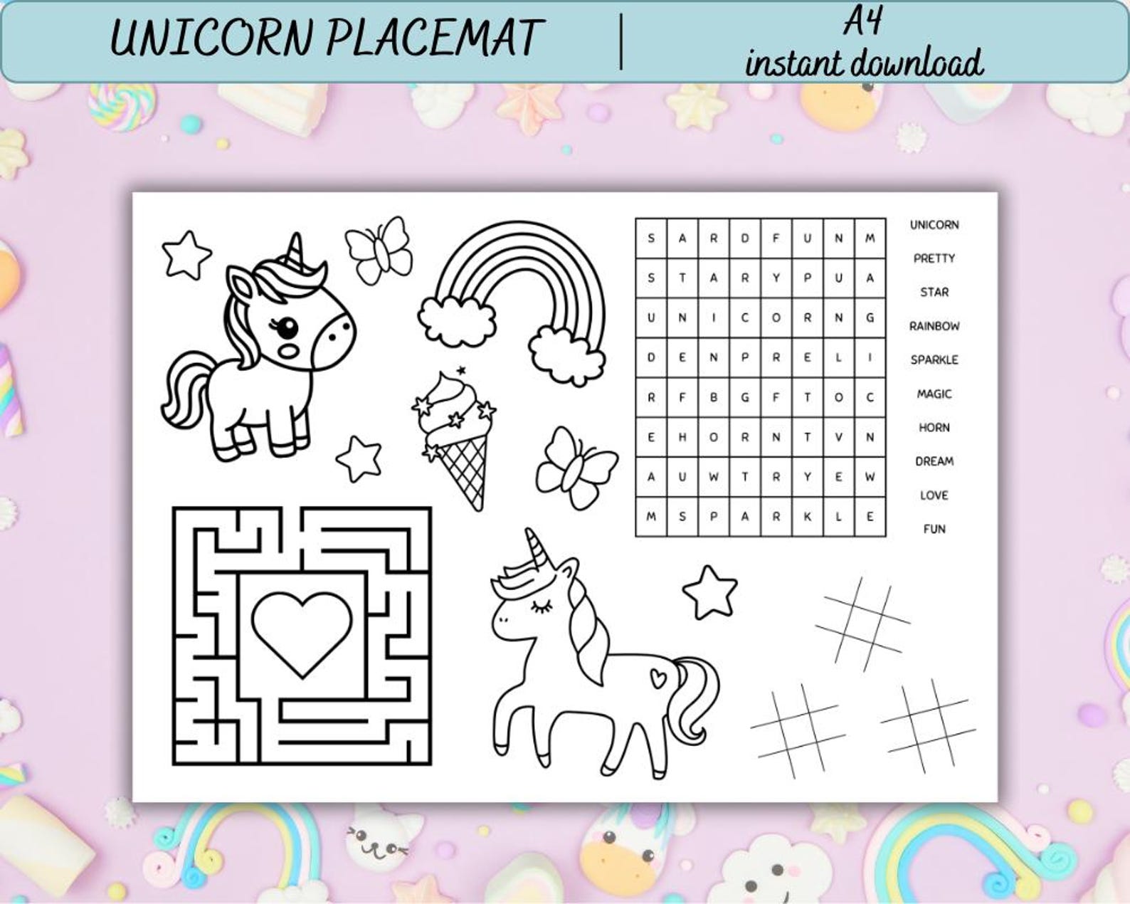 Printable Unicorn Activity Placemat for Kids – A4 Colouring Games ...