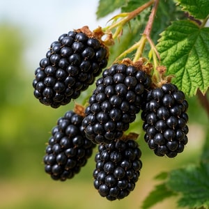 May include: Close-up of a cluster of ripe blackberries on a branch. The berries are a deep, glossy black, with a textured surface. Green leaves and stems provide a natural backdrop. The image highlights the freshness and detail of the fruit.