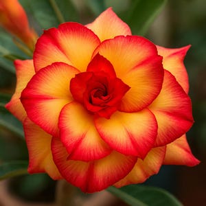 May include: Close-up of a vibrant flower with layered petals. The flower showcases a gradient of colors, transitioning from a deep red edge to a bright yellow center. The center of the flower is a deep red, creating a striking contrast.
