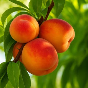 May include: Close-up of ripe peaches on a tree branch. The peaches have a vibrant red and orange gradient, with a soft, fuzzy texture. Green leaves surround the fruit, creating a natural and fresh composition. The image highlights the freshness of the fruit.