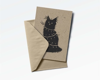 Kitten Christmas Cards, Cat Gift Cards - Handmade Lino Print