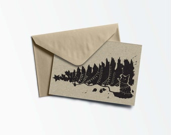 Kitten Christmas Cards, Cat Gift Cards, Christmas Tree - Handmade Lino Print