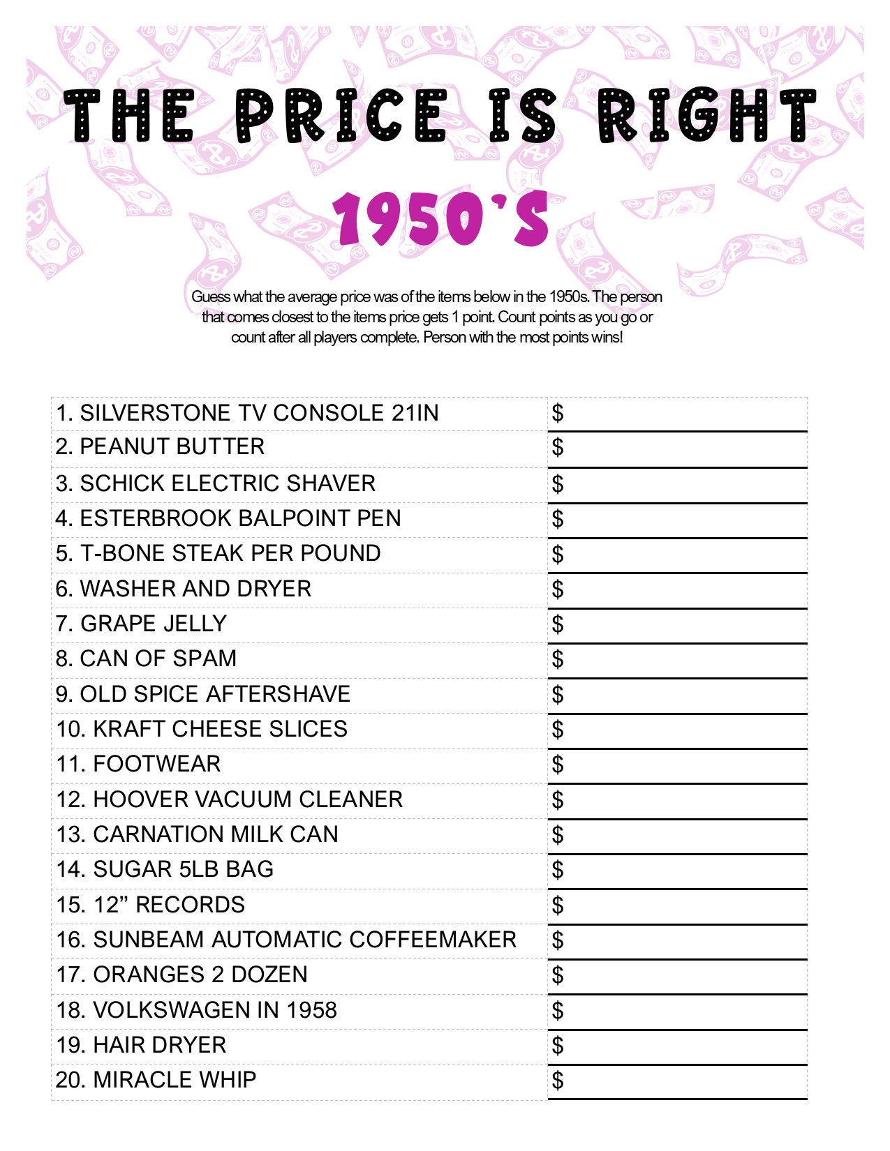 Printable 1950's the Price is Right Game: Bring the Classic Game Show to Your Living Room - Etsy