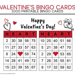 1000 afdrukbare Valentijnsdagbingokaarten met visitekaartjes en bingotracker